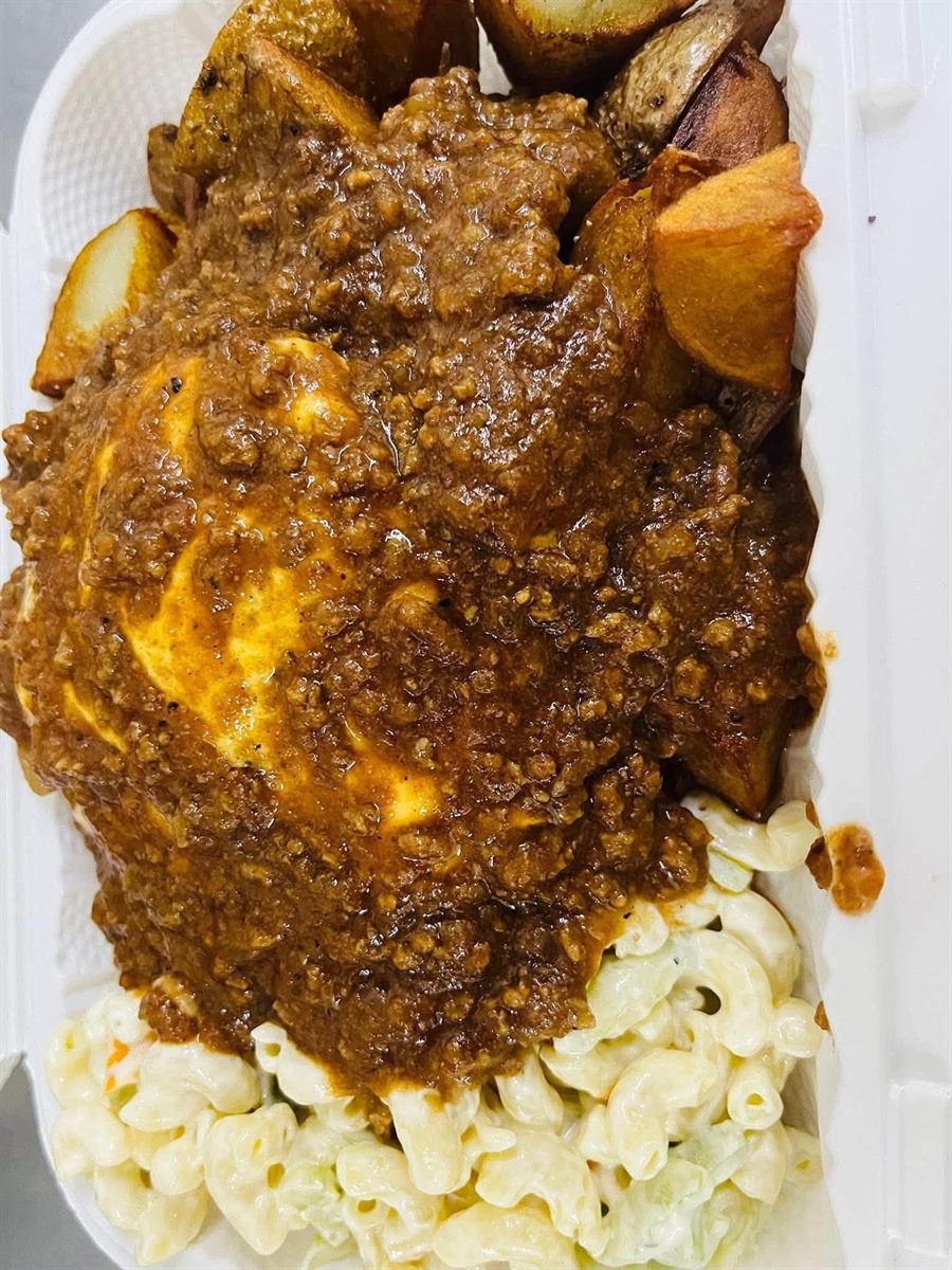 A West Lake Plate: macaroni salad and home fries under housemade meat sauce